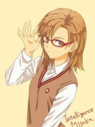  bespectacled brown_eyes brown_hair character_name commentary_request female glasses inoichi misaka_imouto red-framed_eyewear school_uniform simple_background solo summer_uniform sweater_vest toaru_majutsu_no_index tokiwadai_school_uniform yellow_background 