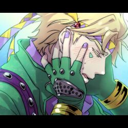  1boy blonde_hair blush caesar_anthonio_zeppeli closed_eyes commentary_request facial_mark fingerless_gloves gloves headband jojo_no_kimyou_na_bouken letterboxed lowres male_focus nail_polish naomi_igarasi purple_nails solo 