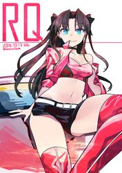  black_hair blue_eyes commentary_request crop_top fate/stay_night fate_(series) female long_hair miniskirt official_alternate_costume race_queen skirt solo thighhighs tohsaka_rin tohsaka_rin_(type-moon_racing) two_side_up ungen 