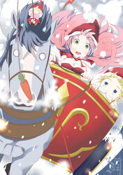  1boy beard blonde_hair blue_eyes blush breasts carrot chariot cleavage commentary_request facial_hair fairy_(jintai) female green_eyes hat horse jinrui_wa_suitai_shimashita joshu-san long_hair medium_breasts moustache open_mouth peanuts_(ennuim) pink_hair santa_costume santa_hat smile snow very_long_hair watashi_(jintai) 