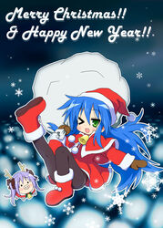  2girls blue_hair christmas commentary_request english_text green_eyes izumi_konata kagamin_boo long_hair lucky_star mittens mole mole_under_eye multiple_girls one_eye_closed panties panties_under_pantyhose pantyhose sack santa_costume snowflakes tyke underwear 