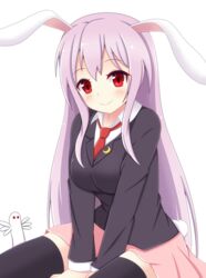  animal_ears black_thighhighs blazer commentary_request crescent crescent_pin female highres jacket long_hair long_sleeves looking_at_viewer necktie pink_skirt purple_hair rabbit_ears rabbit_girl rabbit_tail red_eyes red_necktie reisen_udongein_inaba shunki sitting skirt smile solo tail thighhighs touhou very_long_hair zettai_ryouiki 