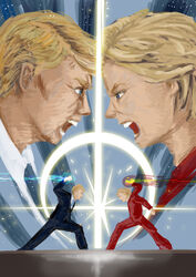  1boy absurdres awesome_face battle blonde_hair business_suit clash commentary_request donald_trump duel election female fighting_stance fire formal highres hillary_clinton kansei_chuusatsu lens_flare old old_man old_woman open_mouth photoshop_(medium) politician real_life staring staring_contest suit 