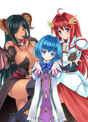  3girls ahoge bare_shoulders black_legwear blue_eyes blue_hair breasts brown_eyes cleavage commentary_request covered_nipples demon_girl elbow_gloves fingerless_gloves gloves green_hair horns huge_breasts huge_weapon jewelry multiple_girls necklace one_eye_closed red_hair rokko simple_background thighhighs thighs weapon white_background 