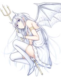  armlet bad_id bad_pixiv_id bare_shoulders demon_wings dress female gloves heisei_yutorin high_heels holding horns long_hair original polearm purple_eyes solo strapless strapless_dress thighhighs trident very_long_hair weapon white_background white_gloves white_wings wings 