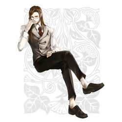  1boy bad_id bad_pixiv_id black_footwear black_pants brown_hair crossed_legs glasses gurumdal_(kirel) hand_on_own_leg hand_up invisible_chair long_hair male_focus necktie original pants photoshop_(medium) red_necktie sitting solo vest 