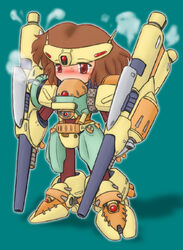  arm_cannon battletech blush brown_hair cannon commentary_request d-klaw female gun hot lowres mecha mecha_musume no_nose personification red_eyes rifleman_(battletech) robot solo steam sweat weapon 