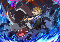  1boy aonuma_kiriha armor bad_id bad_pixiv_id belt blonde_hair buckle claws digimon digimon_(creature) digimon_xros_wars digivice fingerless_gloves gloves greymon_(xros_wars) grin horns monster photoshop_(medium) sensyanohanasi sharp_teeth short_hair smile tail teeth yellow_eyes 