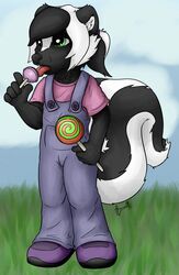  anthro biped candy clothed clothing cloud dessert female food fuzzywuff grass hair hi_res kazaron licking lollipop mammal markings mephitid outside overalls plant ponytail simple_background skunk sky solo standing striped_markings striped_skunk striped_tail stripes tail tail_markings tongue tongue_out young young_anthro young_female 