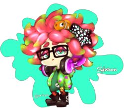  animal_print annie_(splatoon) black-framed_eyewear boots clownfish commentary_request copyright_name dress eyeshadow female fish full_body glasses green_eyes hair_ornament headphones headphones_around_neck hood hoodie looking_at_viewer makeup moe_(splatoon) otani_(kota12ro08) paint_splatter pantyhose parted_lips pink_hair short_hair solo splatoon_(series) splatoon_1 standing star_(symbol) star_hair_ornament tentacle_hair transparent_background twitter_username 