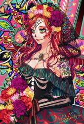  black_gloves breasts calavera cleavage commentary_request cosplay cross dia_de_muertos dress elbow_gloves female flower gloves green_eyes hair_flower hair_ornament halloween heart jewelry la_catrina la_catrina_(cosplay) large_breasts long_hair matsurika_youko necklace original red_hair solo tattoo 