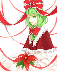  adapted_costume bow capelet commentary_request female flower frills front_ponytail green_eyes green_hair hair_ornament hair_ribbon hairbow hisame_(gocbu) holding kagiyama_hina light_smile long_sleeves poinsettia ribbon solo touhou 