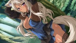  animal_ears armpits arms_behind_head arms_up black_thighhighs blonde_hair blush breasts brooch bush cleavage covered_nipples cowboy_shot cross-laced_clothes dark-skinned_female dark_skin detached_sleeves dress dutch_angle female forest fox_ears fox_tail frilled_dress frills from_side game_cg gem hair_ornament hairclip jewelry lace lace-trimmed_legwear lace_trim large_breasts long_hair looking_at_viewer nature no_bra open_mouth outdoors parted_bangs parted_lips puffy_detached_sleeves puffy_sleeves purple_eyes sakura_spirit sakurano_machiko short_dress solo standing tail thighhighs tree turtleneck wanaca wavy_hair zettai_ryouiki 