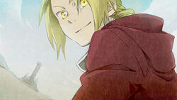  1boy bad_id bad_pixiv_id blonde_hair braid cloak coat edward_elric fullmetal_alchemist hood looking_back male_focus single_braid smile solo tame yellow_eyes 