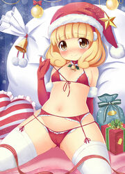  bell bikini blonde_hair blush bra brown_eyes cameltoe choker christmas commentary_request elbow_gloves female garter_belt gift gloves hat heart heart-shaped_pillow panties pillow precure red_bikini red_bra red_gloves red_panties sack santa_bikini santa_hat short_hair smile smile_precure solo swimsuit tamago_kago thighhighs underwear underwear_only white_thighhighs yayoi_kise yellow_eyes 