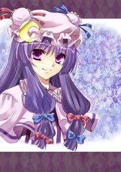  blush commentary_request crescent crescent_hat_ornament female hat hat_ornament long_hair patchouli_knowledge purple_eyes purple_hair siro_asterisk solo touhou 