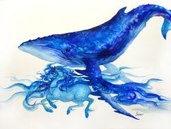  animal blue_theme blue_whale commentary_request gurumdal_(kirel) horse no_humans original whale white_background 