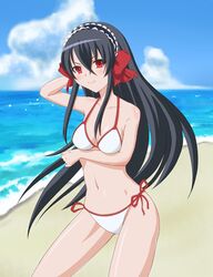  april_(coyote_ragtime_show) bad_id bad_pixiv_id beach bikini black_hair breasts cleavage coyote_ragtime_show day female hairband jinramu long_hair navel red_eyes side-tie_bikini_bottom small_breasts solo swimsuit white_bikini 