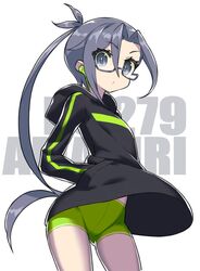  alternate_costume amagiri_(kancolle) ass_visible_through_thighs bike_shorts black_eyes black_hair character_name commentary_request cowboy_shot female glasses hands_in_pockets hood hooded_sweater in-ear_earphones itsumo_nokoru kantai_collection long_hair looking_at_viewer ponytail semi-rimless_eyewear shorts solo sweater under-rim_eyewear 