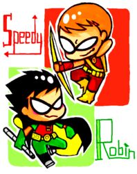  2boys arrow batman_(series) black_hair bow_(weapon) cape cartoon_network character_name chibi dc_comics dick_grayson domino_mask gloves green_arrow_(series) male male_focus mask multiple_boys orange_hair robin_(dc) roy_harper speedy staff teen_titans weapon 