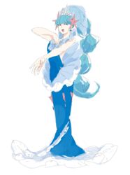  blue_eyes blue_hair buntatta commentary_request dress earrings female hand_on_own_chest highres jewelry long_hair looking_at_viewer open_mouth personification pokemon primarina shell shell_earrings simple_background solo starfish_hair_ornament very_long_hair white_background 