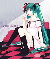  aqua_eyes checkered_floor commentary_request copyright_name dress feline female food fruit green_hair hatsune_miku high_heels hiro_satochi long_hair mouth_hold shoes single_shoe sitting solo strawberry supreme_(module) thighhighs twintails very_long_hair vocaloid world_is_mine_(vocaloid) 