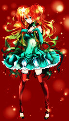  christmas commentary_request earrings elbow_gloves female fingerless_gloves frills gloves gradient_hair green_eyes green_skirt hair_ornament hands_on_own_chest highres jewelry kmikan long_hair multicolored_hair orange_hair original red_thighhighs skirt solo standing star_(symbol) thighhighs twintails very_long_hair 