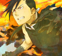  1boy bad_id bad_pixiv_id black_hair claws clenched_teeth fullmetal_alchemist greed_(fma) hair_over_one_eye ling_yao male_focus ponytail pose red_eyes smoke solo tame teeth 