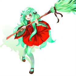  :d bad_id bad_pixiv_id bow broom brown_eyes brown_footwear dress female green_hair green_thighhighs gurumdal_(kirel) hairbow holding holding_broom long_hair looking_at_viewer mary_janes open_mouth original personification photoshop_(medium) red_dress shadow shoes smile solo thighhighs wide_sleeves witch 