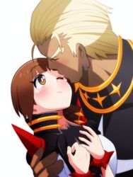  1boy bad_id bad_pixiv_id blonde_hair blush bracelet brown_eyes brown_hair cape carrying closed_eyes earrings eyebrows female gamagoori_ira he_pu_pu jewelry kill_la_kill kissing kissing_forehead looking_at_another mankanshoku_mako one_eye_closed school_uniform short_hair size_difference spiked_bracelet spikes straight tears white_background 