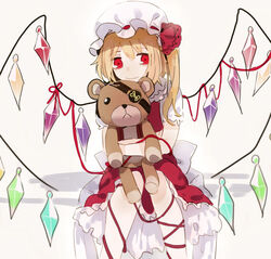  bad_id bad_pixiv_id blonde_hair crossover diabolik_lovers dress eyepatch female flandre_scarlet hat hat_ribbon hugging_doll hugging_object leg_ribbon looking_at_viewer mob_cap photoshop_(medium) red_dress red_eyes red_medicine ribbon sakamaki_kanato short_sleeves side_ponytail sitting smile solo stuffed_animal stuffed_toy teddy_(diabolik_lovers) teddy_bear touhou wing_ribbon wings 