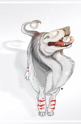  ambiguous_gender fangs feral fur grey_body grey_fur hi_res open_mouth red_body red_fur sergal simple_background solo standing teeth tongue tongue_out unistaart white_body white_fur 