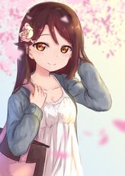  alternate_costume bad_id bad_pixiv_id bag blush breasts brown_eyes brown_hair cardigan cherry_blossoms cleavage collarbone commentary_request female flower hair_flip hair_flower hair_ornament hairclip hand_in_own_hair highres holding_strap long_hair long_sleeves looking_at_viewer love_live! love_live!_sunshine!! maka_neko red_hair sakurauchi_riko shoulder_bag small_breasts smile solo upper_body yellow_eyes 