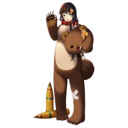  animal_costume bear_costume blue_eyes collar female full_body hair_ornament honeycomb_(pattern) looking_at_viewer milihime_taisen official_art open_mouth smile solo tank_shell transparent_background waving wojtek 