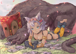  animal_ears animal_hands aqua_eyes arm_support armlet ass bare_shoulders barefoot belt black_scrunchie blush breasts brown_belt bug butterfly cat_ears cat_paws cherry_blossoms claws cleavage closed_mouth collarbone colored_eyelashes commentary_request day detached_leggings erune eyelashes fantasy feather_hair_ornament feathers feet_up female flower flower_wreath fur-trimmed_pants fur_trim gloves gold_trim granblue_fantasy grass grey_hair grey_sky hair_ornament head_wreath highres lips looking_at_viewer lying medium_breasts melleau monster on_grass on_ground on_stomach outdoors pants parted_bangs paw_gloves pelvic_curtain petals photoshop_(medium) pink_flower plantar_flexion raised_eyebrows sachy scrunchie short_hair sky smile soles tan the_pose wavy_hair wrist_scrunchie yougenko 