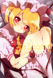  ascot blonde_hair bloomers character_name commentary_request crossed_arms etsuo female fingernails flandre_scarlet grey_background hat hat_ribbon head_tilt hugging_own_legs kneehighs legs_up light_smile looking_at_viewer photoshop_(medium) red_eyes ribbon short_hair short_sleeves sitting skirt slit_pupils socks solo touhou underwear vest wings 