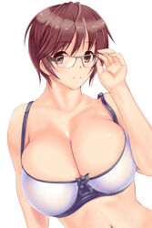  adjusting_eyewear bad_anatomy bare_shoulders breasts brown_eyes brown_hair cleavage commentary_request female glasses highres idolmaster idolmaster_cinderella_girls large_breasts navel oikawa_shizuku rokushiru_(muzai-p) short_hair simple_background smile solo white_background 