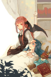  2girls bat_wings bed blue_eyes blue_hair book bookshelf commentary crescent curtains dress frown hand_on_forehead hands_on_own_chest head_wings koakuma long_hair long_sleeves looking_at_another lying mask multiple_girls open_mouth patchouli_knowledge polka_dot polka_dot_dress red_eyes red_hair sick sitting skirt star_(symbol) stuffed_animal stuffed_rabbit stuffed_toy symbol-only_commentary touhou under_covers vest wakatsuki_(etoiles) wings 