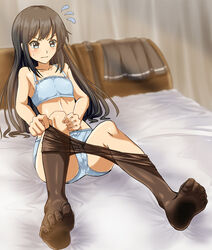  :| armpits asashio_(kancolle) bed bed_sheet bedroom black_hair black_pantyhose black_skirt blue_bow blue_bra blue_eyes blue_panties blush bow bow_panties bra closed_mouth clothes_pull collarbone commentary_request day feet female flat_chest flying_sweatdrops full_body indoors kantai_collection light_rays long_hair midriff no_shoes on_bed panties pantyhose pantyhose_pull photoshop_(medium) pleated_skirt reclining removing_legwear see-through sitting skirt soles solo suspenders suspenders_removed sweatdrop toenails toes underwear underwear_only unworn_skirt v-shaped_eyebrows wavy_mouth zanntetu 