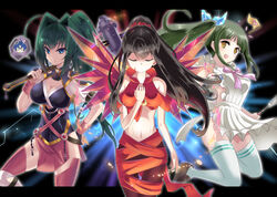  3girls :d ahoge akari_acura apron black_hair blue_eyes breasts brocon brown_eyes cleavage closed_eyes commentary_request crop_top crossover double_horizontal_stripe facial_mark flag gold_trim green_hair hair_intakes hair_ornament hair_ribbon hammer hand_on_own_chest hand_on_own_hip hitsugi_no_chaika ishizu_kayu kanojo_ga_flag_wo_oraretara ladle loafers long_hair medium_breasts midriff mole mole_under_eye multiple_girls navel nearly_naked_apron open_mouth over_shoulder pantyhose pink_arm_warmers ponytail ribbon scrunchie season_connection selector_wixoss shoes shoukanji_kikuno smile spatula thighhighs trait_connection weapon weapon_over_shoulder wixoss yuzuki_(wixoss) 