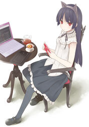  animal_ears bad_id bad_pixiv_id black_hair cat_ears chair computer cup drawing_tablet female food frills fruit gokou_ruri handheld_game_console hime_cut holding laptop lemon long_hair mole mole_under_eye nnyu ore_no_imouto_ga_konna_ni_kawaii_wake_ga_nai pantyhose pitcher_(container) playstation_portable red_eyes sitting solo stylus table tea teacup 