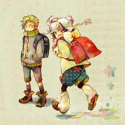  1boy ankle_boots backpack bag beanie black_legwear black_shorts blonde_hair blue_eyes boots coat commentary_request covered_mouth cross-laced_footwear den earmuffs female hands_in_pockets hat hibi_makoto high_collar jacket lace-up_boots leg_warmers lolicon long_sleeves looking_at_another looking_back mittens pantyhose pantyhose_under_shorts photoshop_(medium) polka_dot polka_dot_shorts pom_pom_(clothes) ran_to_haiiro_no_sekai randoseru scarf shoe_soles shoes shorts sideways_glance simple_background standing star_(symbol) uruma_ran waiting walking white_hair white_legwear white_scarf winter winter_clothes 