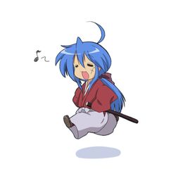  bad_id bad_pixiv_id blue_hair chibi closed_eyes cosplay female himura_kenshin himura_kenshin_(cosplay) izumi_konata japanese_clothes kimono long_hair lucky_star mizushima_(p201112) mole mole_under_eye musical_note ponytail red_kimono rurouni_kenshin scar shadow simple_background solo sword weapon white_background 