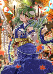  adapted_costume aerial_fireworks ahoge autumn autumn_leaves bell blue_skirt commentary_request detached_sleeves female festival fireworks frilled_shirt_collar frilled_sleeves frills frog_mask gohei green_hair hair_ornament hair_ribbon hair_tubes holding jingle_bell kochiya_sanae lantern leaf long_hair long_sleeves looking_at_viewer maple_leaf mask mask_on_head night night_sky obi onbashira outdoors paper_lantern photoshop_(medium) red_ribbon ribbon sash skirt sky smile snake_hair_ornament solo star_(sky) starry_sky takana_shinno touhou wide_sleeves yellow_eyes 