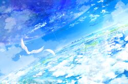  1boy animal bird blue_sky blue_theme bridge cloud commentary dutch_angle fantasy feathers flying highres island machinery original outdoors road scenery sky water waterfall yatsude 