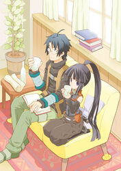  1boy akatsuki_(log_horizon) b.tarou book bottle commentary_request couch curtains female glass glasses indoors log_horizon long_hair photoshop_(medium) ponytail shiroe_(log_horizon) short_hair vase very_long_hair window 