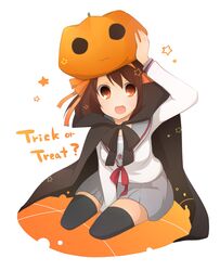  brown_eyes brown_hair cape commentary_request female halloween jack-o&#039;-lantern kinokosuke kita_high_school_uniform pumpkin pumpkin_hat school_uniform serafuku short_hair solo suzumiya_haruhi suzumiya_haruhi_no_yuuutsu thighhighs trick_or_treat winter_uniform 