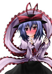  blush bow commentary_request female frills hat nagae_iku nanatu_yashiki purple_hair red_eyes ribbon shawl short_hair solo touhou 