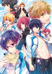  2girls 6+boys amakata_miho back-to-back black_hair blonde_hair blue_eyes blue_hair book brown_hair chibi commentary_request crossed_arms everyone free! glasses grey_hair grin hazuki_nagisa hirai_yuzuki jacket jammers male_swimwear matsuoka_gou matsuoka_rin mikoshiba_seijuurou multiple_boys multiple_girls nanase_haruka_(free!) nitori_aiichirou one_eye_closed open_mouth orange_hair photoshop_(medium) pink_eyes ponytail purple_eyes red-framed_eyewear red_eyes red_hair ryuugazaki_rei sasabe_gorou smile tachibana_makoto track_jacket v yamazaki_sousuke yellow_eyes 