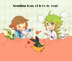  2boys ahoge black_(pokemon) blush brown_hair chibi closed_eyes closed_eyes english green_eyes green_hair heart jewelry long_hair megaphone mijumaru multiple_boys n_(pokemon) necklace open_mouth oshawott pixiv_thumbnail pointing pokabu pokemon pokemon_(game) pokemon_black_and_white pokemon_bw resized short_hair snivy tepig touya_(pokemon) tsutaaja yaoi 